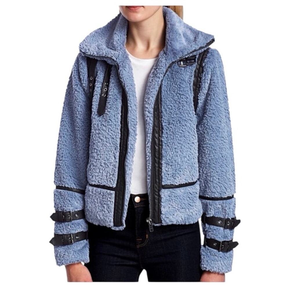 DH New York Alison Faux Shearling Faux Leather Trim Moto Jacket Light Blue EUC